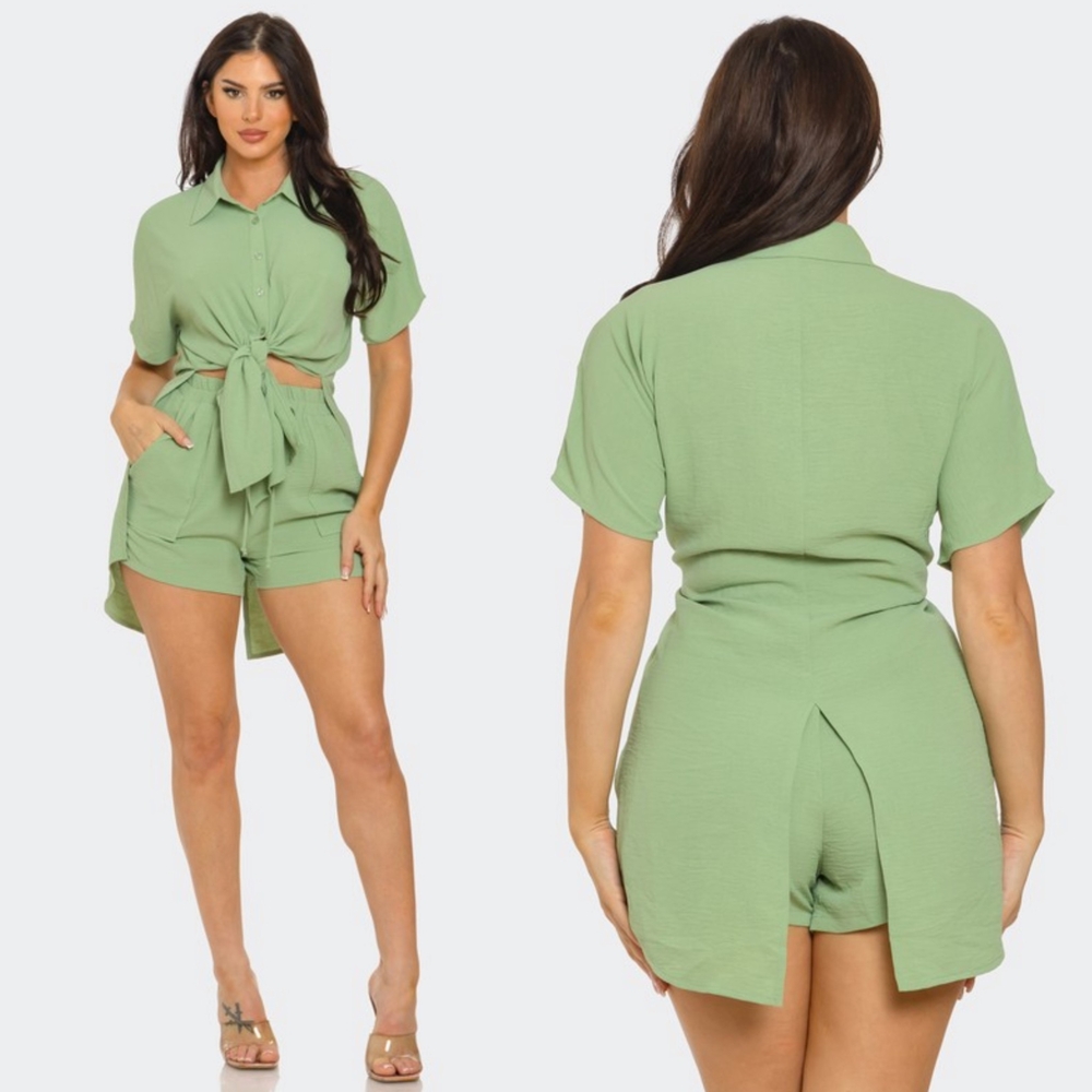 Green Tie-Front Shirt and Shorts Set